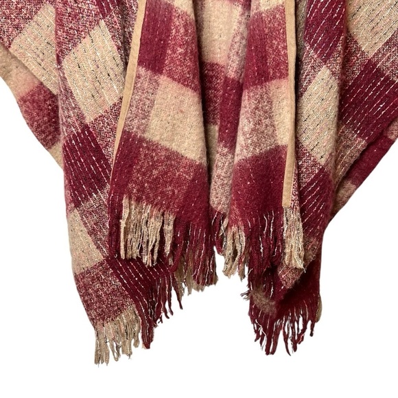 Torrid Red Tan Reversible Ruana Cozy Fall Plaid Women’s Tassel Cape One Size - Picture 6 of 12